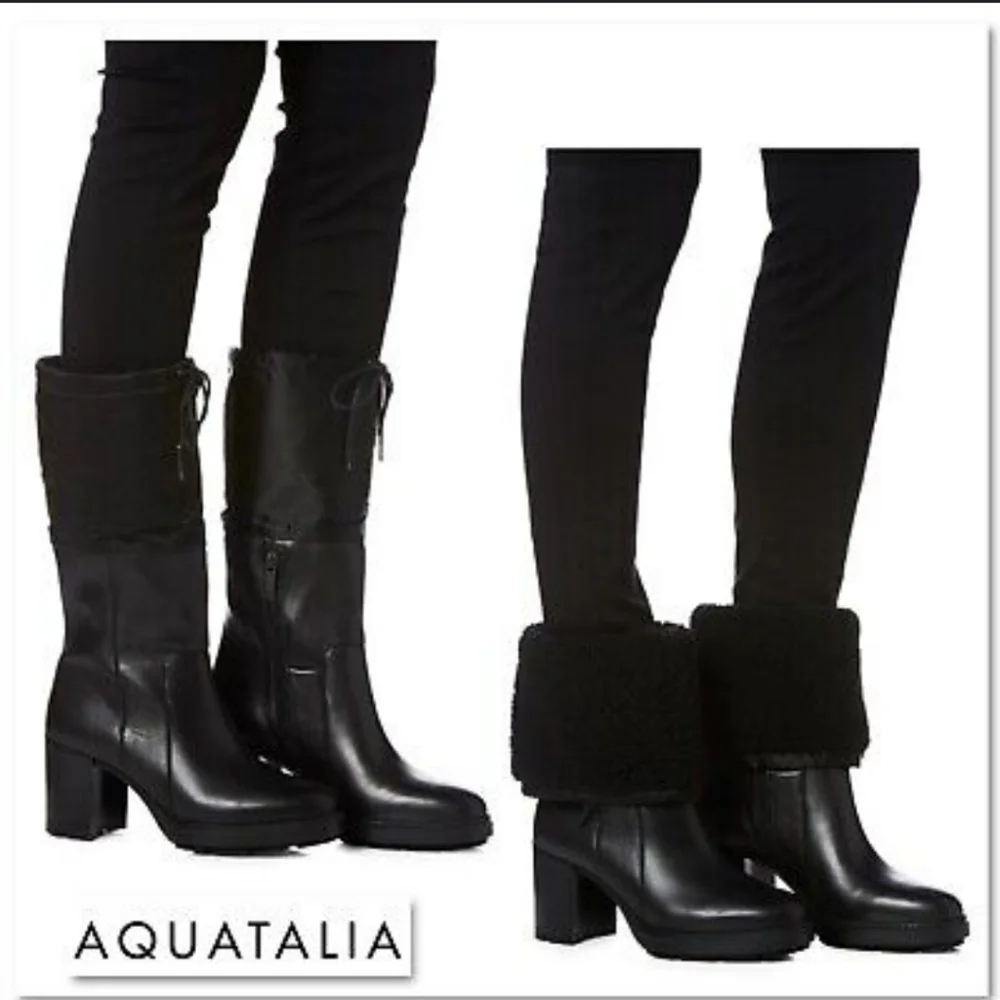 Aquatalia Ishana black leather water proof block heel boots size 11